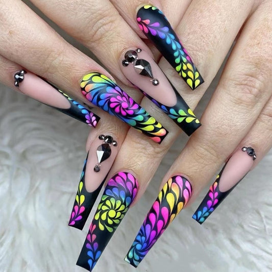 Tropical Elegance Extra Long Coffin Multicolor Floral Design Press On Nail Set with Gemstone Accents