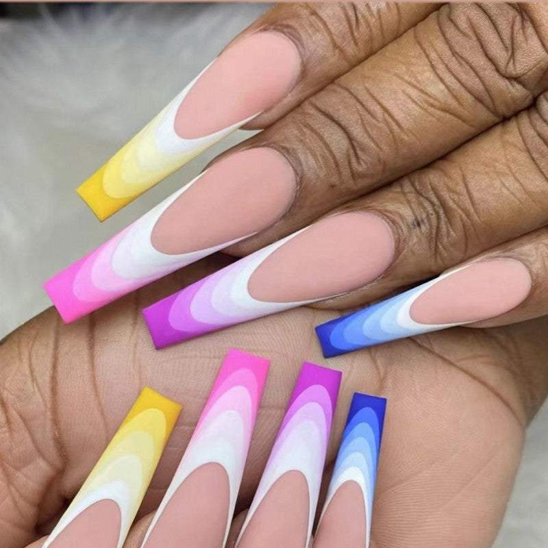 Summer Sorbet Extra Long Coffin Press On Nail Set, Multicolor Gradient with Glossy Finish