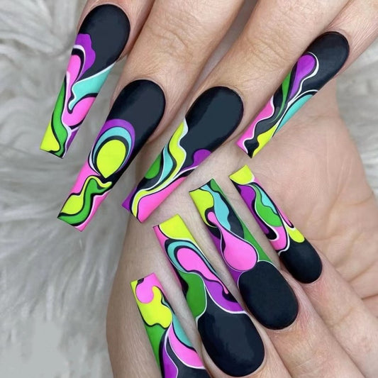 Psychedelic Swirl Extra-Long Coffin Black Neon Press On Nail Set with Abstract Art Design