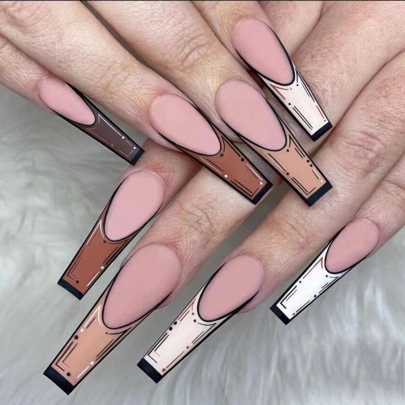 Urban Chic Long Coffin Blush Pink Press On Nails with Geometric Accent Design