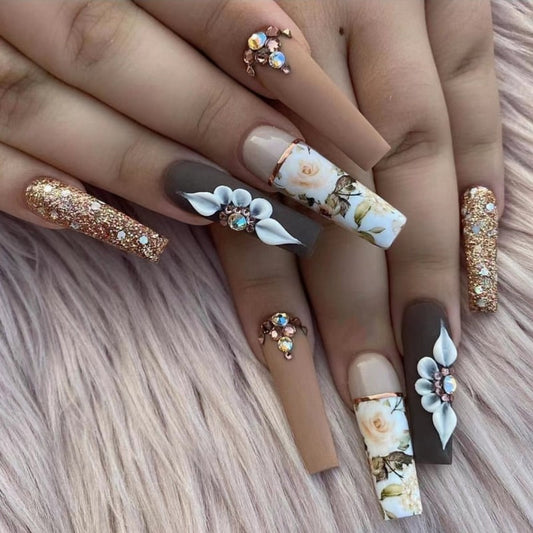 Vintage Elegance Long Square Multicolor Floral and Glitter Accented Press On Nail Set