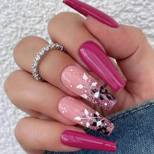 Enchanted Elegance Long Coffin Pink Press On Nail Set with Glitter Accents and Butterfly Design