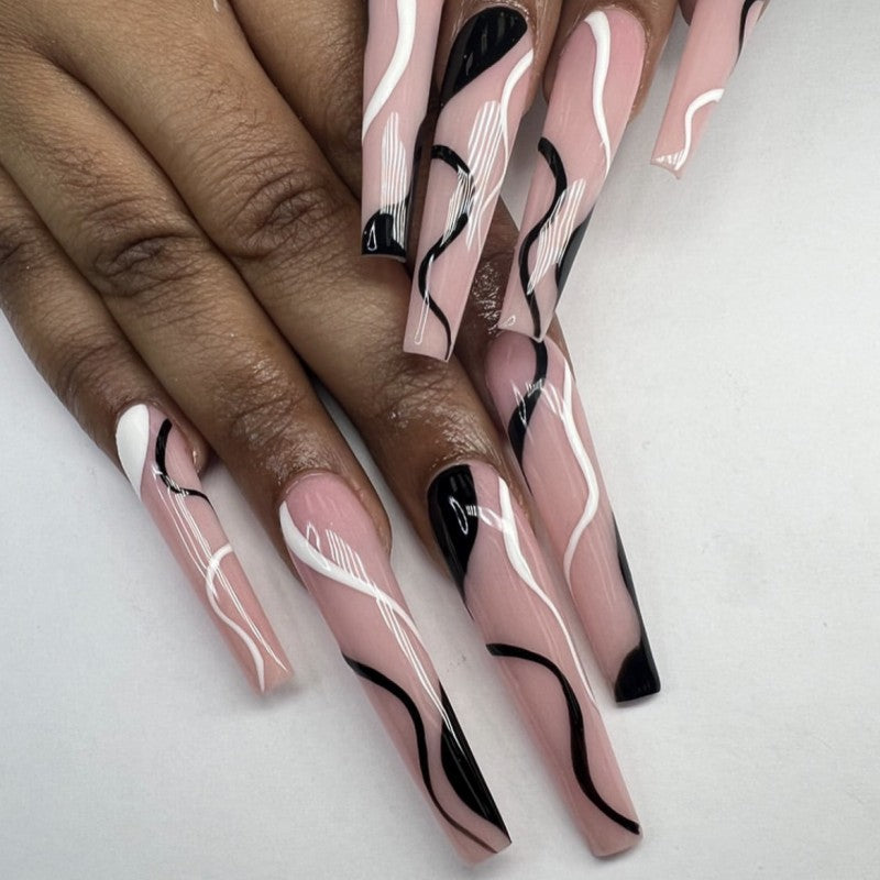 Elegant Swirls Extra-Long Coffin Pink and Black Wave Design Press On Nail Set