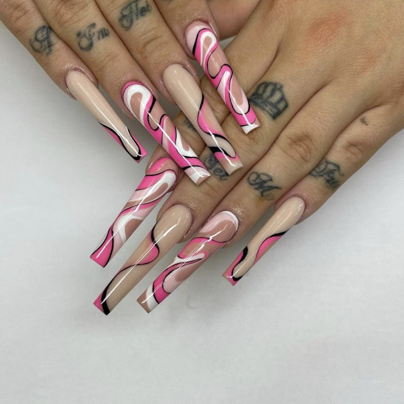 Candy Swirl Extravaganza Long Coffin Pink and White Marble Press On Nail Set with Glossy Finish