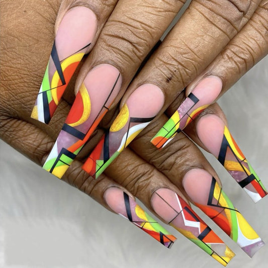 Abstract Art Extravaganza Long Coffin Multicolor Geometric Design Press On Nail Set