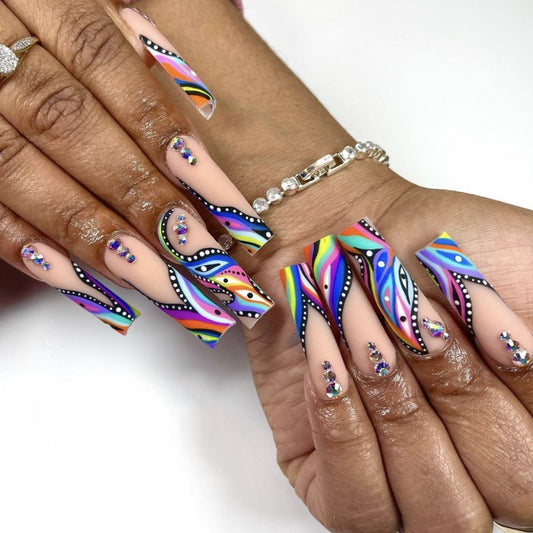 Psychedelic Swirl Long Square Multicolor Press On Nail Set with Rhinestone Embellishments