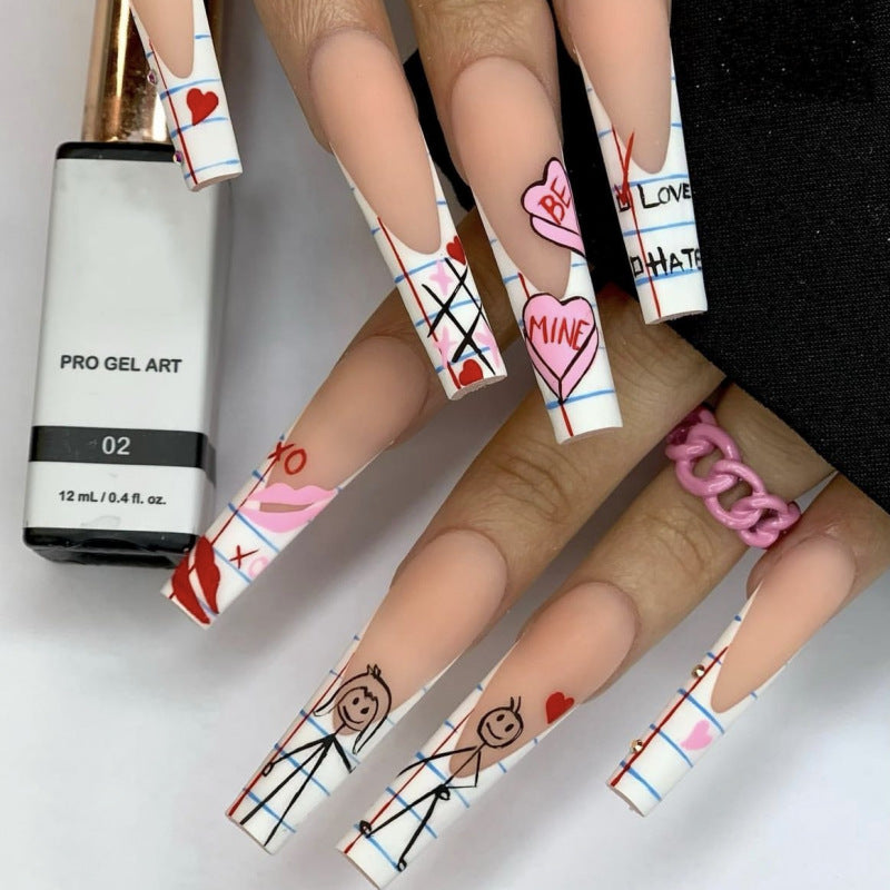 Valentines Day Romance Extra Long Coffin White Press On Nails with Playful Love Notes Design