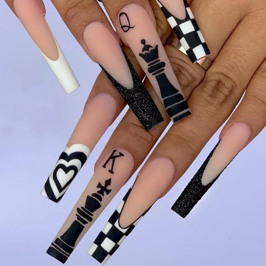 Chessboard Elegance Extra Long Coffin Black and White Press On Nail Set with Matte, Glossy, and Glitter Accents