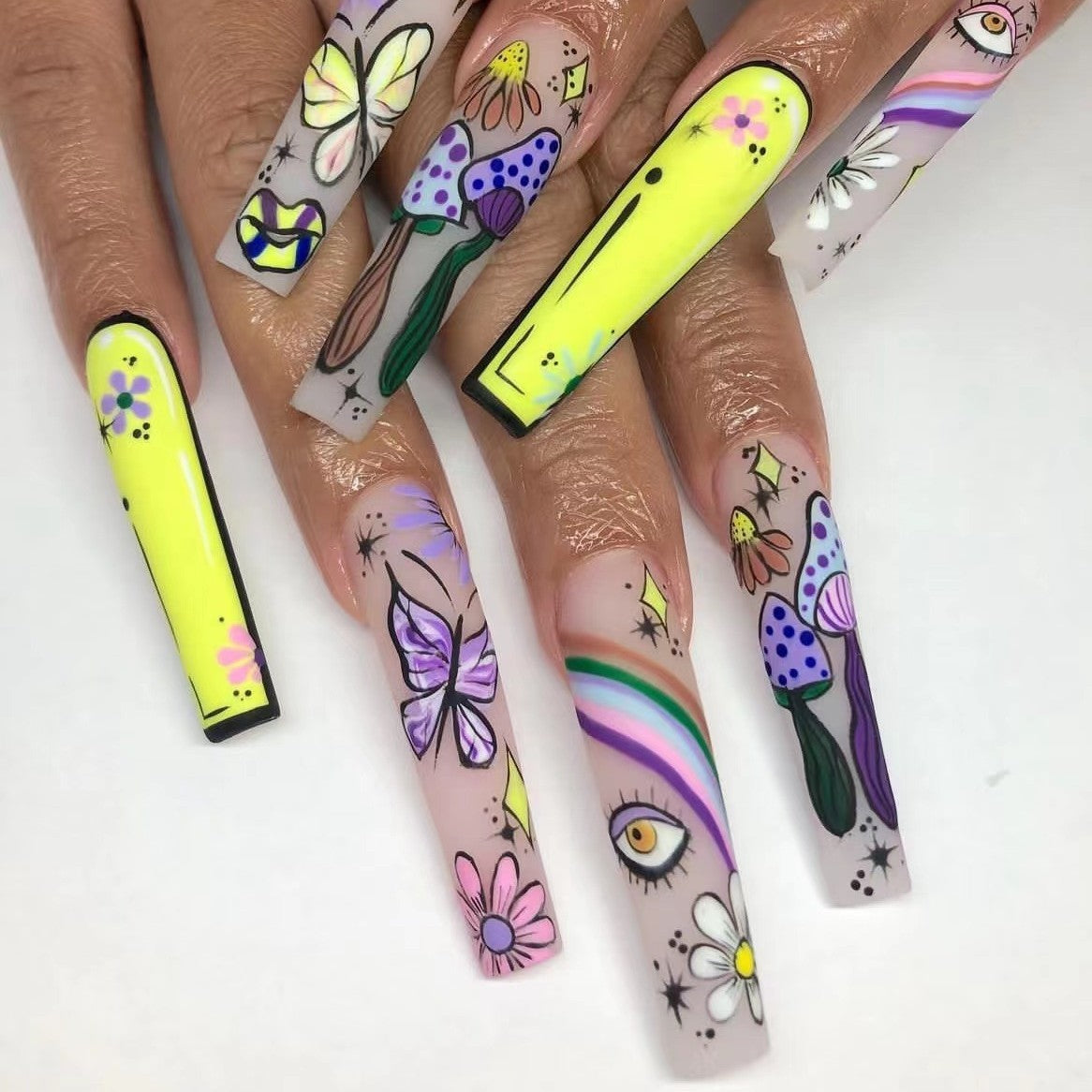 Enchanted Spring Long Coffin Multi-Color Floral and Whimsical Art Press On Nail Set