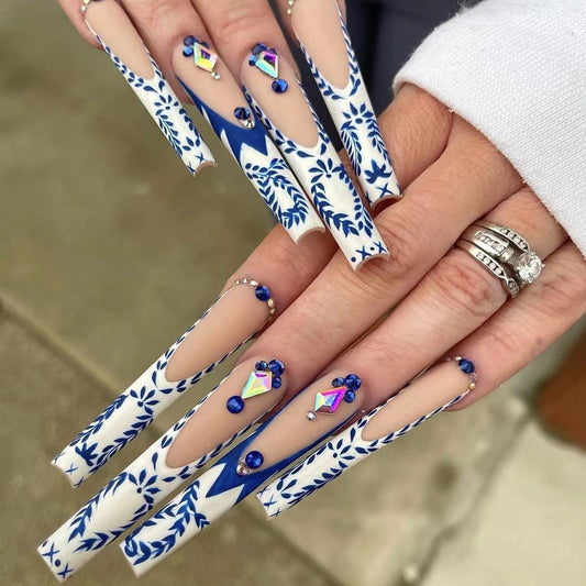 Blue Porcelain Fantasy Extra Long Square Press On Nail Set with Floral Design and Rhinestone Embellishments