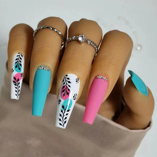 Tropical Escape Long Coffin Press-On Nail Set in Turquoise and Pink with Rhinestone Accents and Botanical Patterns