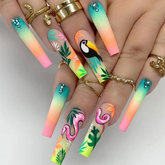 Tropical Paradise Long Coffin Ombre Press-On Nail Set with Rhinestone Accents and Hand-Painted Flamingo & Toucan Design