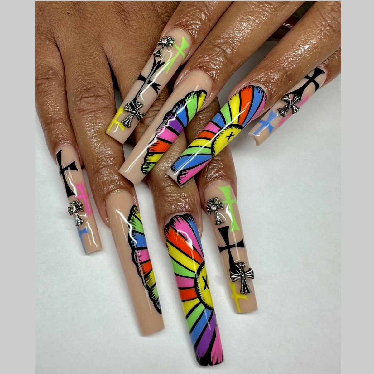 Tropical Escape Extra-Long Coffin Multicolor Press On Nail Set with 3D Bow Accents