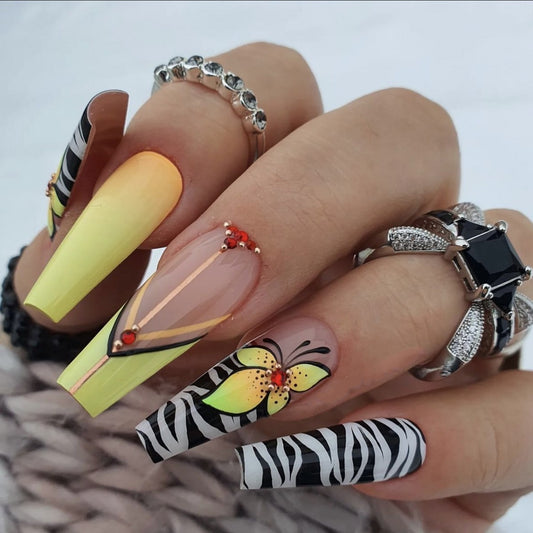 Safari Adventure Extra Long Coffin Multicolor Press On Nails with Animal Print Accents and Rhinestone Embellishments