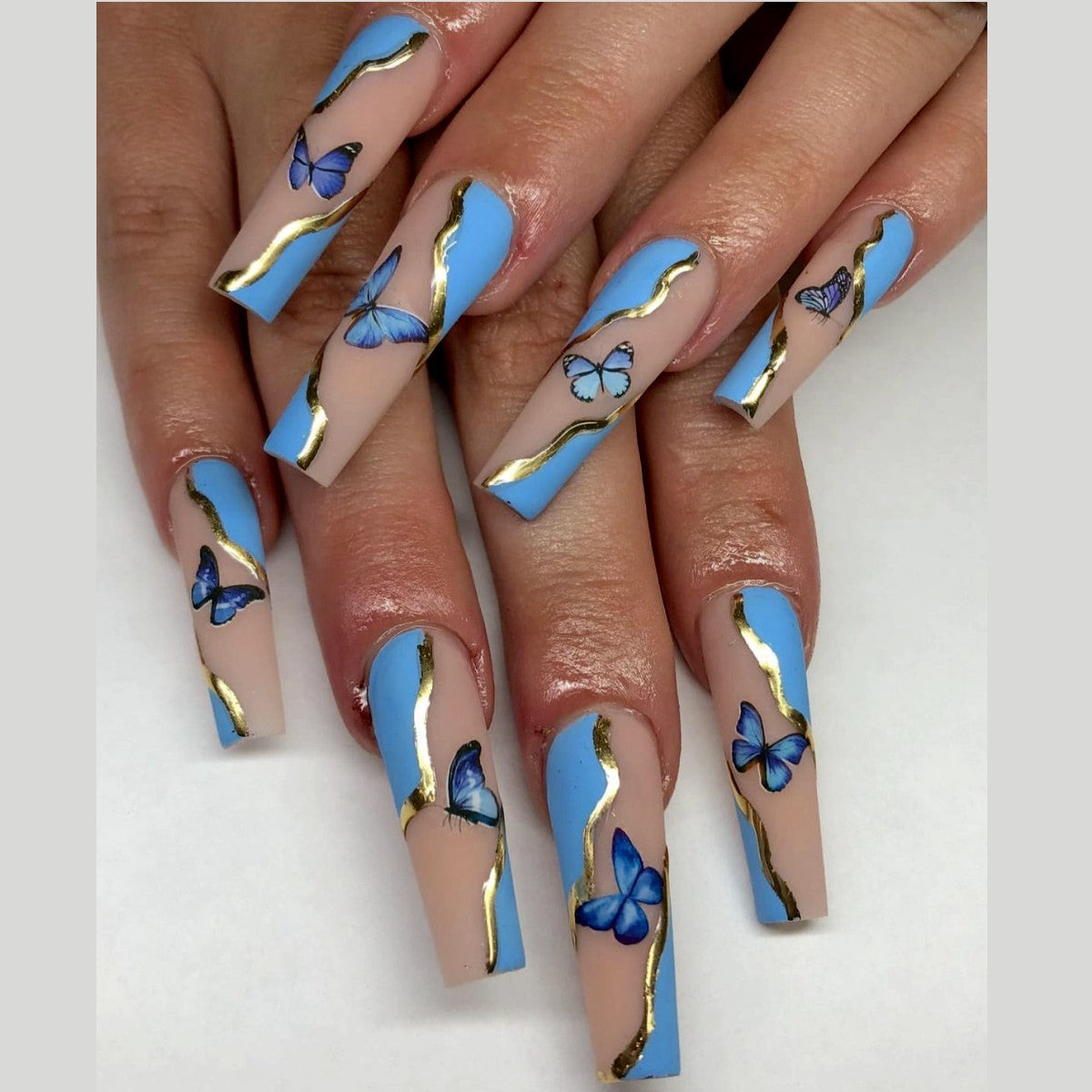 Enchanted Garden Extra-Long Square Sky Blue Press On Nail Set with Gold Accents and Delicate Butterfly Designs