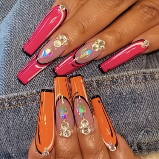 Tropical Sunset Long Coffin Pink and Orange Press On Nail Set with Rhinestone Accents