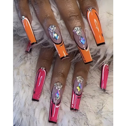 Glamorous Gala Long Coffin Shape Two-Tone Pink and Orange Press on Nail Set with Rhinestone Accents