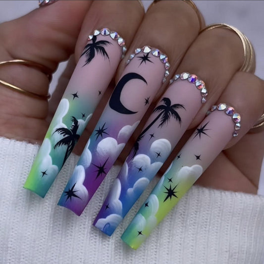 Celestial Dreams Extra Long Coffin Shape Press On Nail Set in Pastel Ombre with Rhinestone Accents