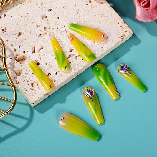 Tropical Escape Long Coffin Lime Green Press On Nail Set with Crystal Embellishments