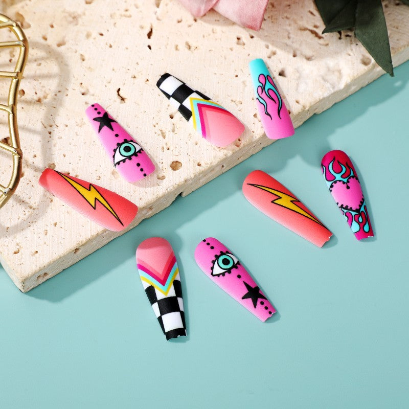 Pop Art Extravaganza Long Coffin Press On Nails in Vibrant Pink with Bold Graphic Designs