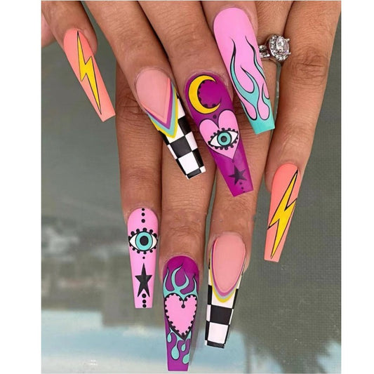 Pop Art Extravaganza Long Coffin Multicolor Press On Nails with Eclectic Iconic Imagery