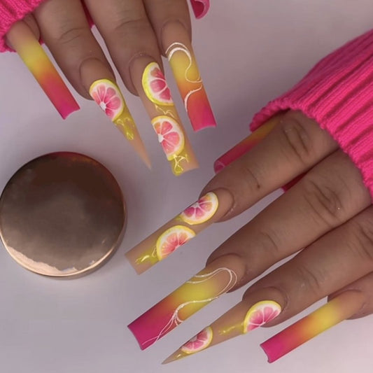 Tropical Elegance Extra Long Square Ombre Press On Nail Set with Citrus Fruit Accents