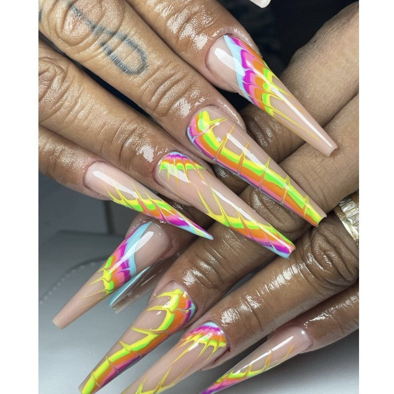 Tropical Escape Long Coffin Multicolor Flame Design Press On Nail Set