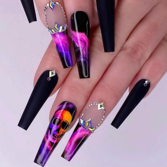 Gothic Glamour Extra Long Coffin Shape Black and Purple Press on Nails with Skull Design and Crystal Accents