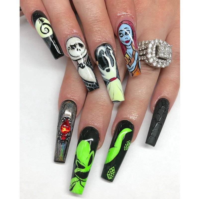 Spooky Elegance Extra-Long Coffin Shape Press On Nail Set with Multicolor Design and 3D Embellishments