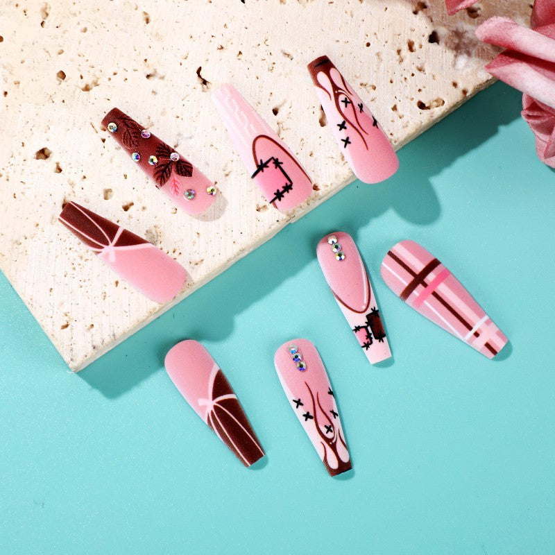 Summer Chic Long Coffin Pink Press On Nail Set with Rhinestone Accents and Playful Patterns