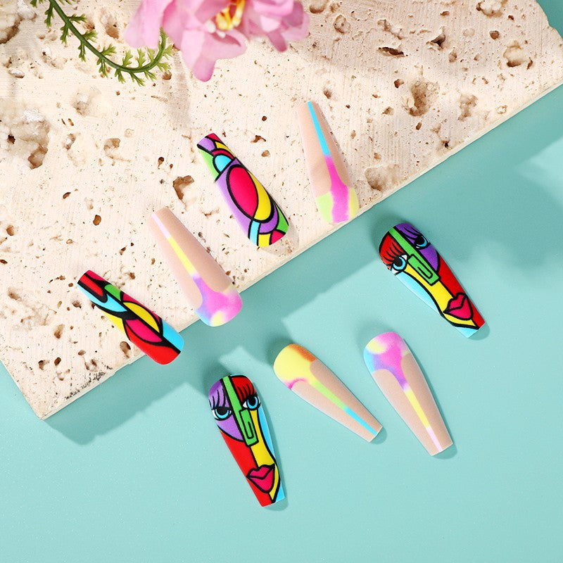 Tropical Pop Art Extravaganza Long Coffin Multicolor Press On Nail Set with Abstract Faces Design