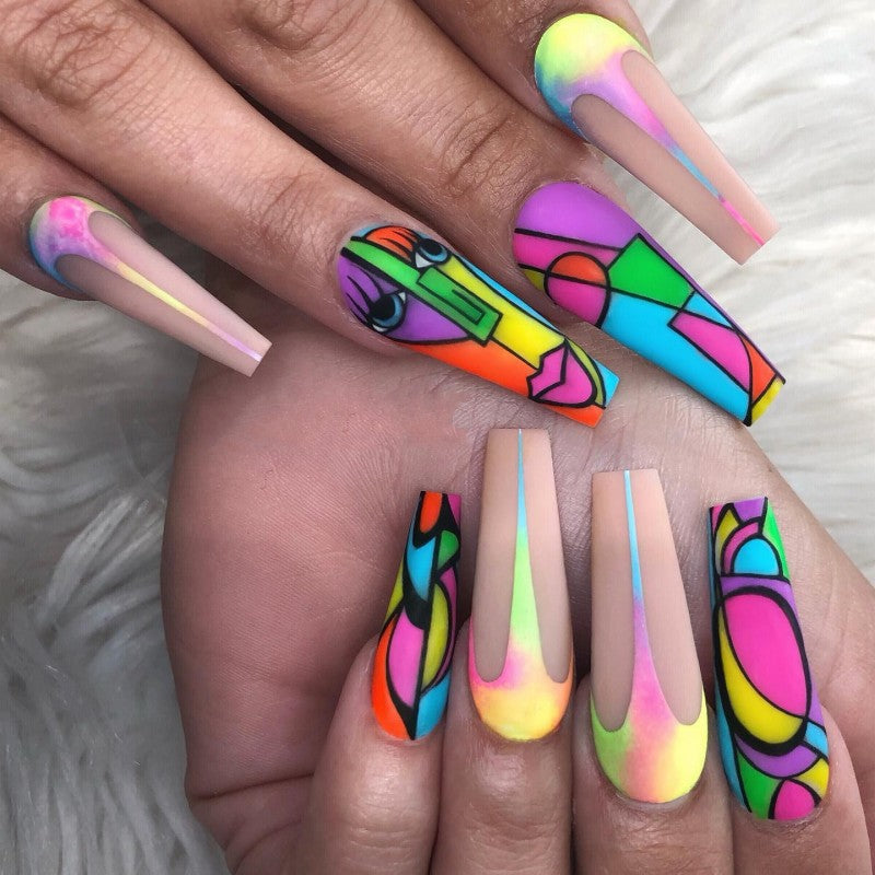 Psychedelic Summer Extra Long Coffin Multicolor Ombre Press On Nails with Groovy Swirl Accents