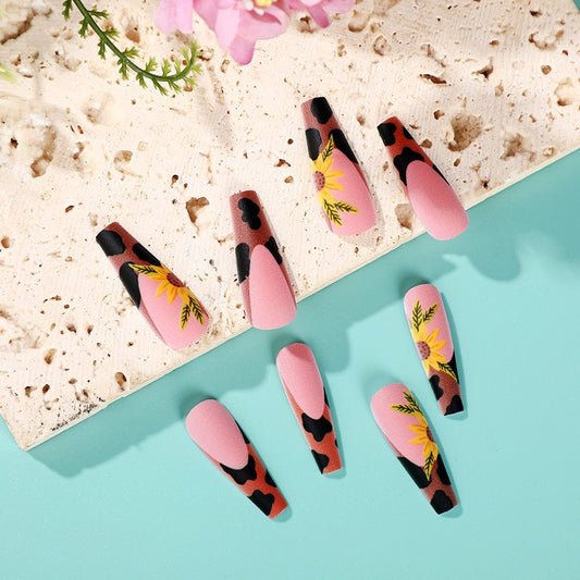 Tropical Escape Long Coffin Pink and Black Press On Nails with Floral Accent