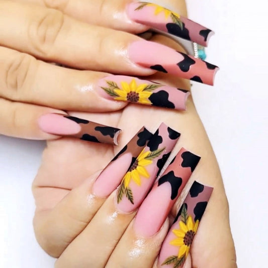 Sunflower Serenade Long Square Matte Pink Press On Nails with Floral Cow Print Accents