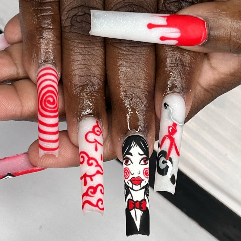 Circus Spectacle Extra Long Square Press On Nails with Red and White Swirls and Unique Performer Illustrations