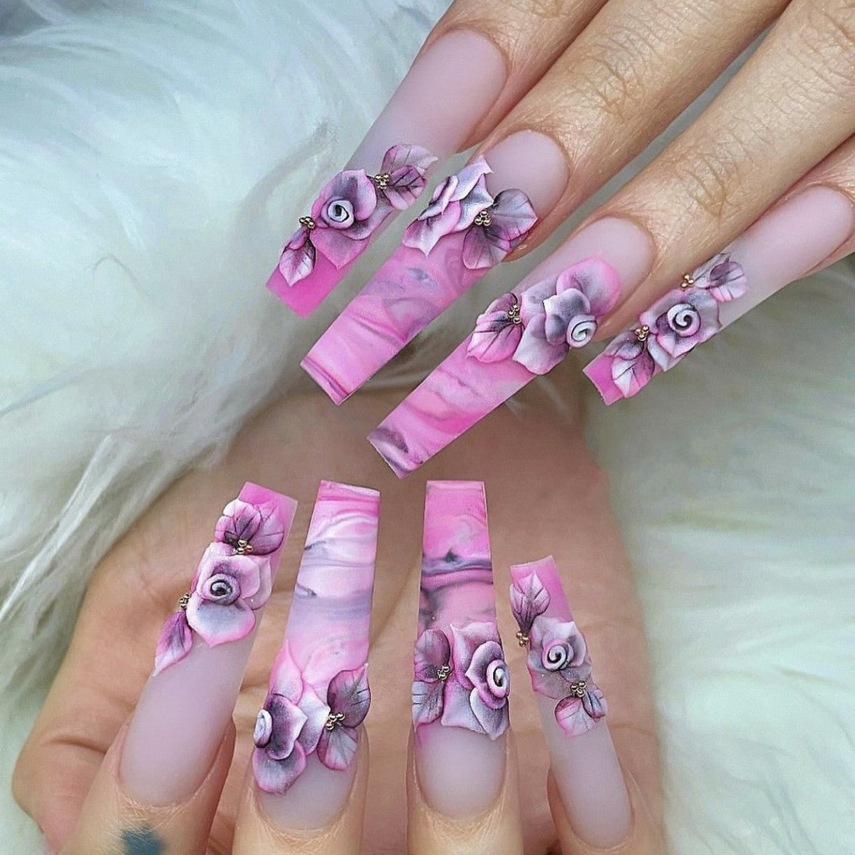 Enchanted Garden Long Coffin Pink Marble Floral Embellished Press On Nail Set