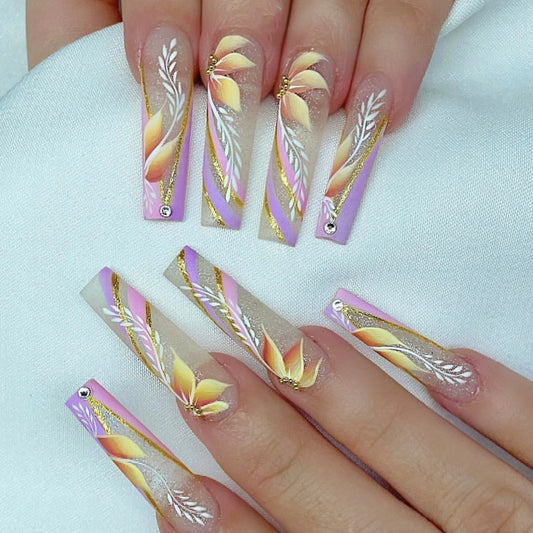 Sunset Elegance Extra Long Square Gradient Purple Press On Nails with Gold Foil Leaf Accents and Rhinestone Embellishments