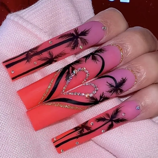 Tropical Sunset Extra Long Square Gradient Pink and Orange Press on Nails with Palm Tree Design and Rhinestone Accents