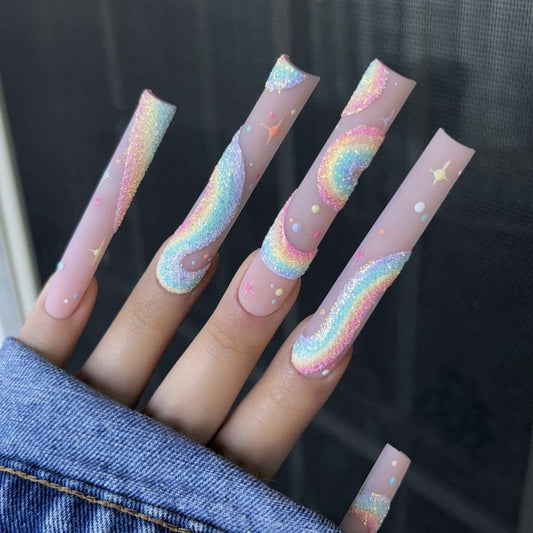 Enchanted Galaxy Extra Long Square Pink Glitter Gradient Press On Nail Set with Celestial Accents