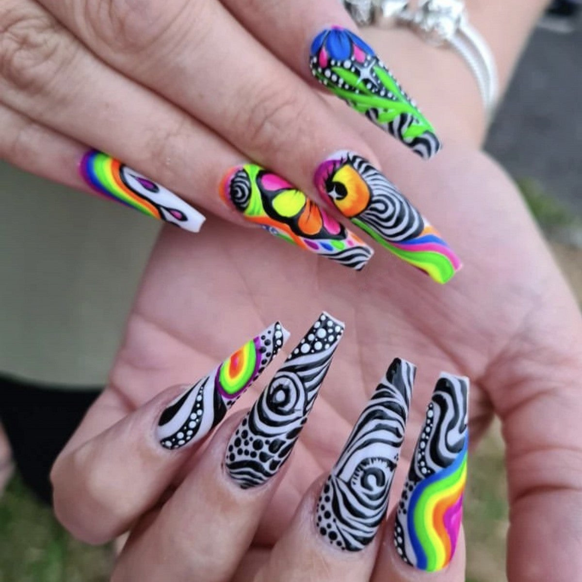 Psychedelic Swirl Extra Long Coffin Press On Nails in Black and Neon with Eye-catching Hypnotic Patterns