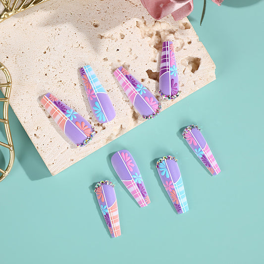 Tropical Escape Long Coffin Multicolor Pastel Press On Nails with Rhinestone Accents