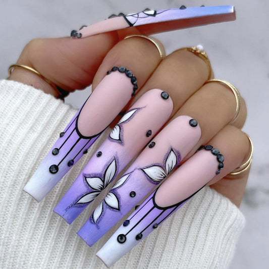 Enchanted Garden Extra-Long Coffin Purple Ombre Press On Nail Set with Floral Art and 3D Bead Accents