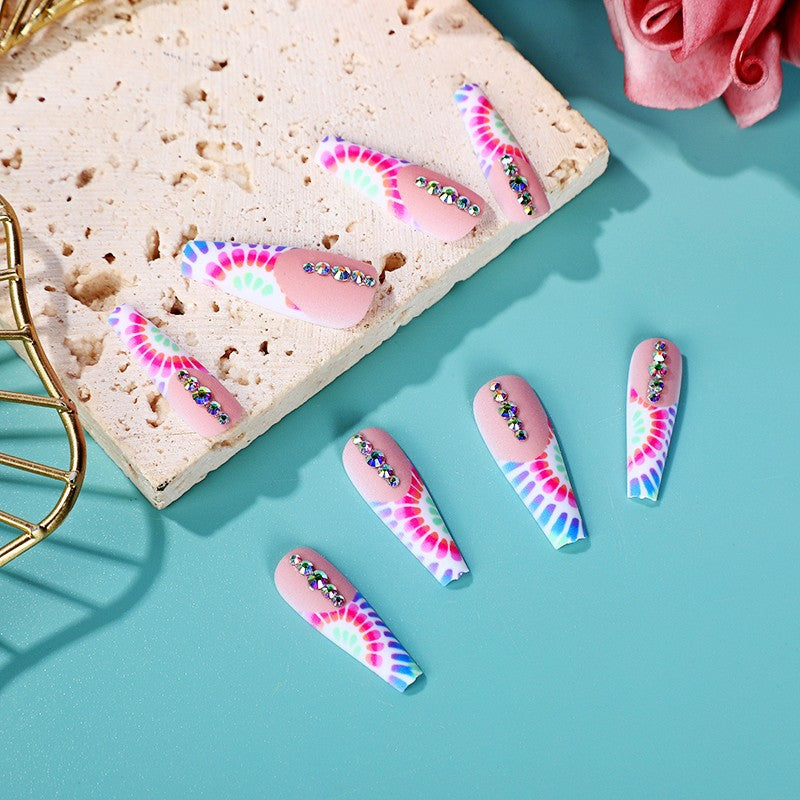 Mermaid Charm Long Coffin Multicolor Ombre Press On Nail Set with Rhinestone Accents