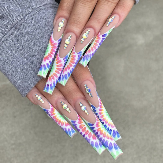 Summer Festival Extra Long Square Rainbow Tie-Dye Press On Nails with Rhinestone Accents