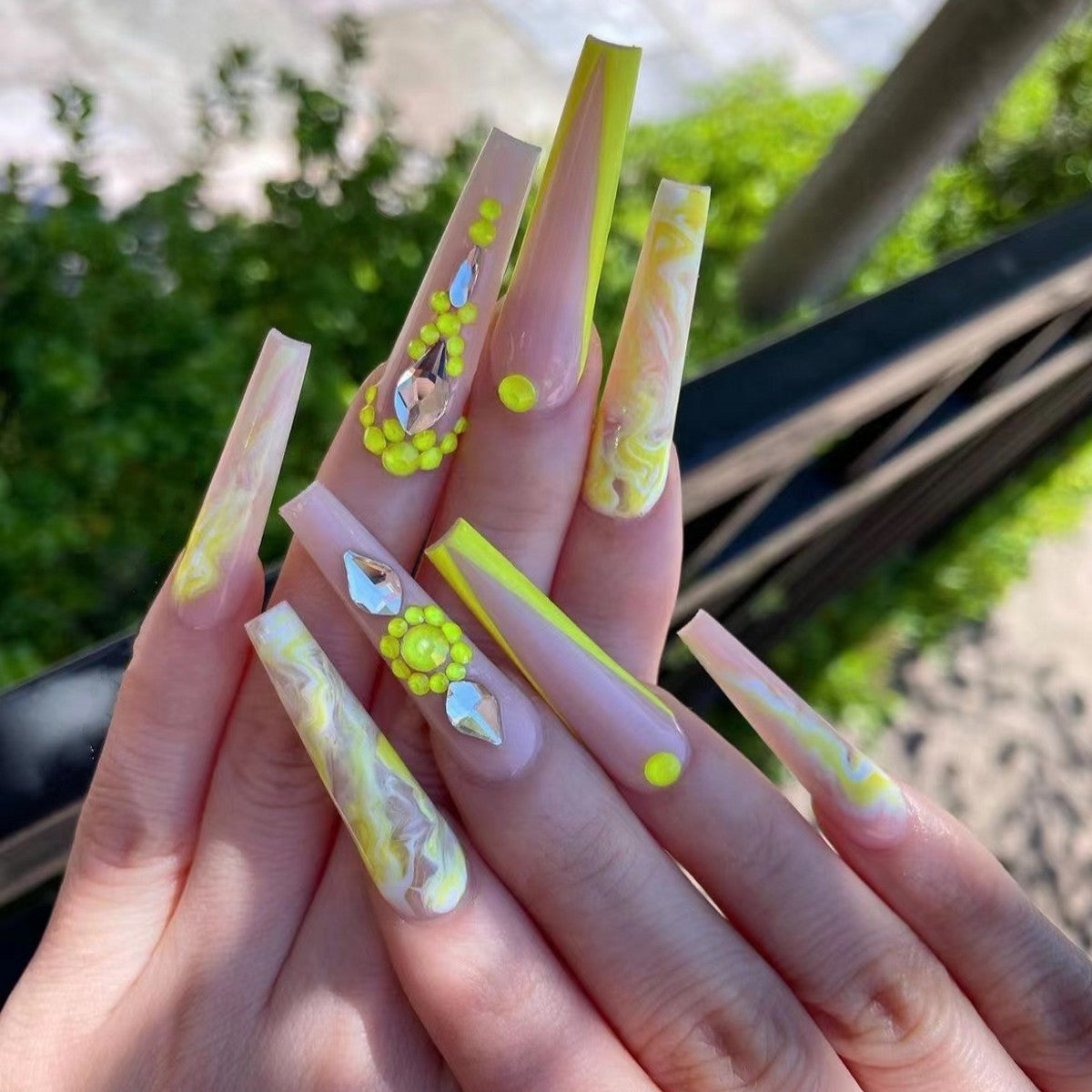 Spring Fling Extra Long Coffin Marble Yellow Press On Nail Set with 3D Embellishments