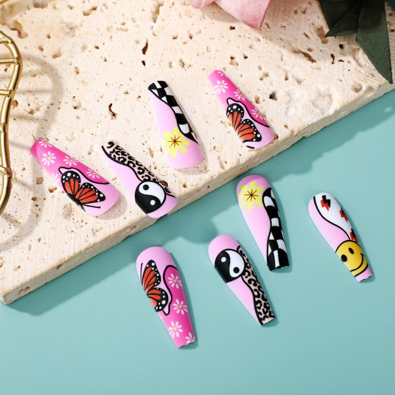 Summer Vibes Long Coffin Pink Press On Nail Set with Butterfly Accents and Playful Cartoon Patterns