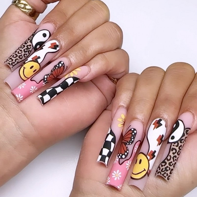 Whimsical Safari Adventure Long Square Multicolor Press On Nail Set with Animal Print and Checkerboard Design