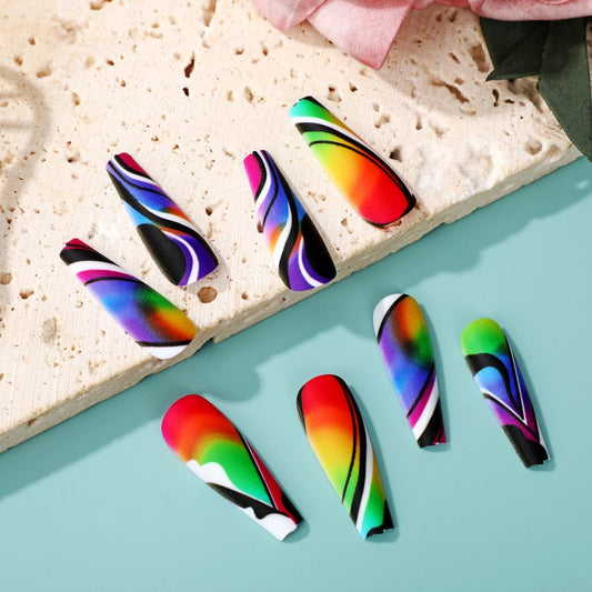 Tropical Escape Long Coffin Rainbow Swirl Press On Nail Set with Duel-chrome Finish