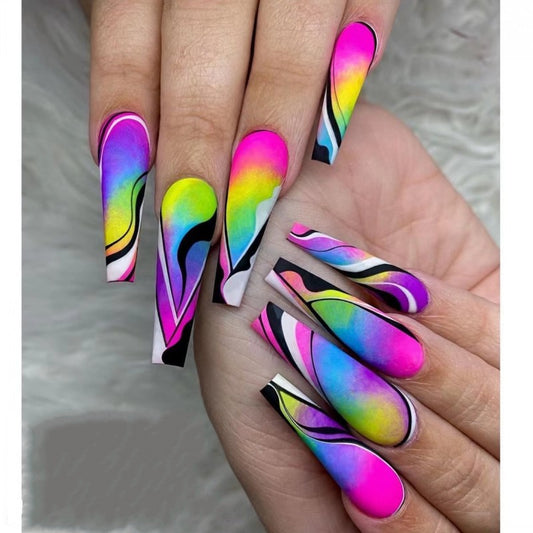 Neon Dream Extra Long Coffin Multicolor Swirl Press On Nail Set with Glow Effect