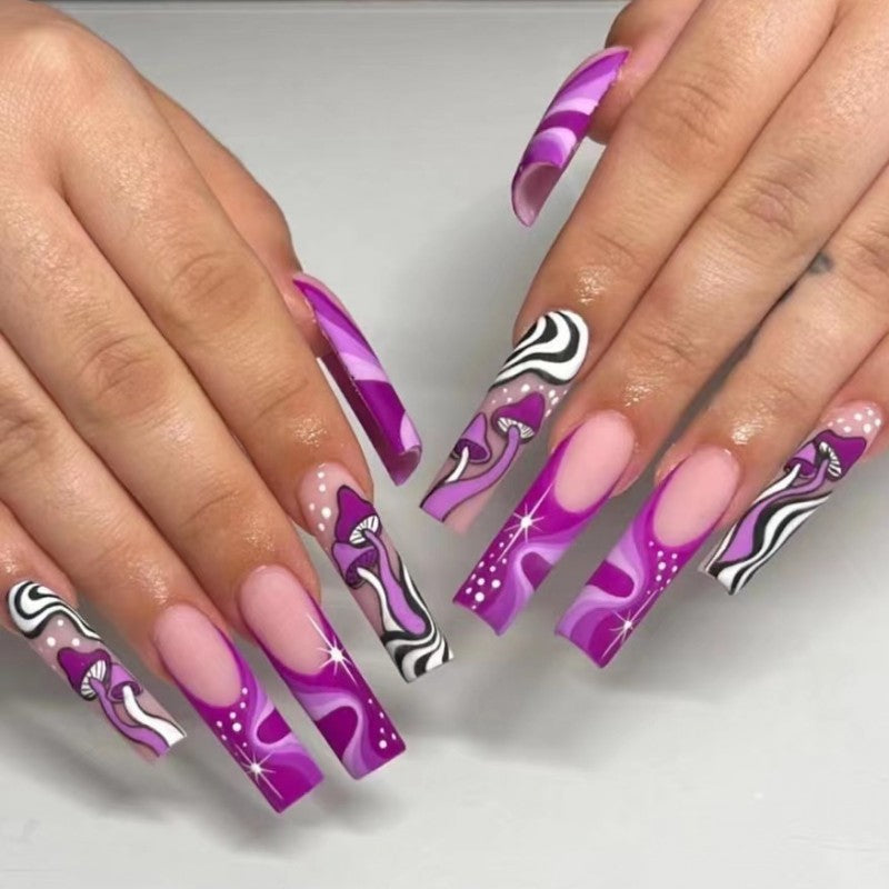 Mystical Galaxy Extra Long Coffin Purple Press On Nail Set with Enchanting Swirls Design